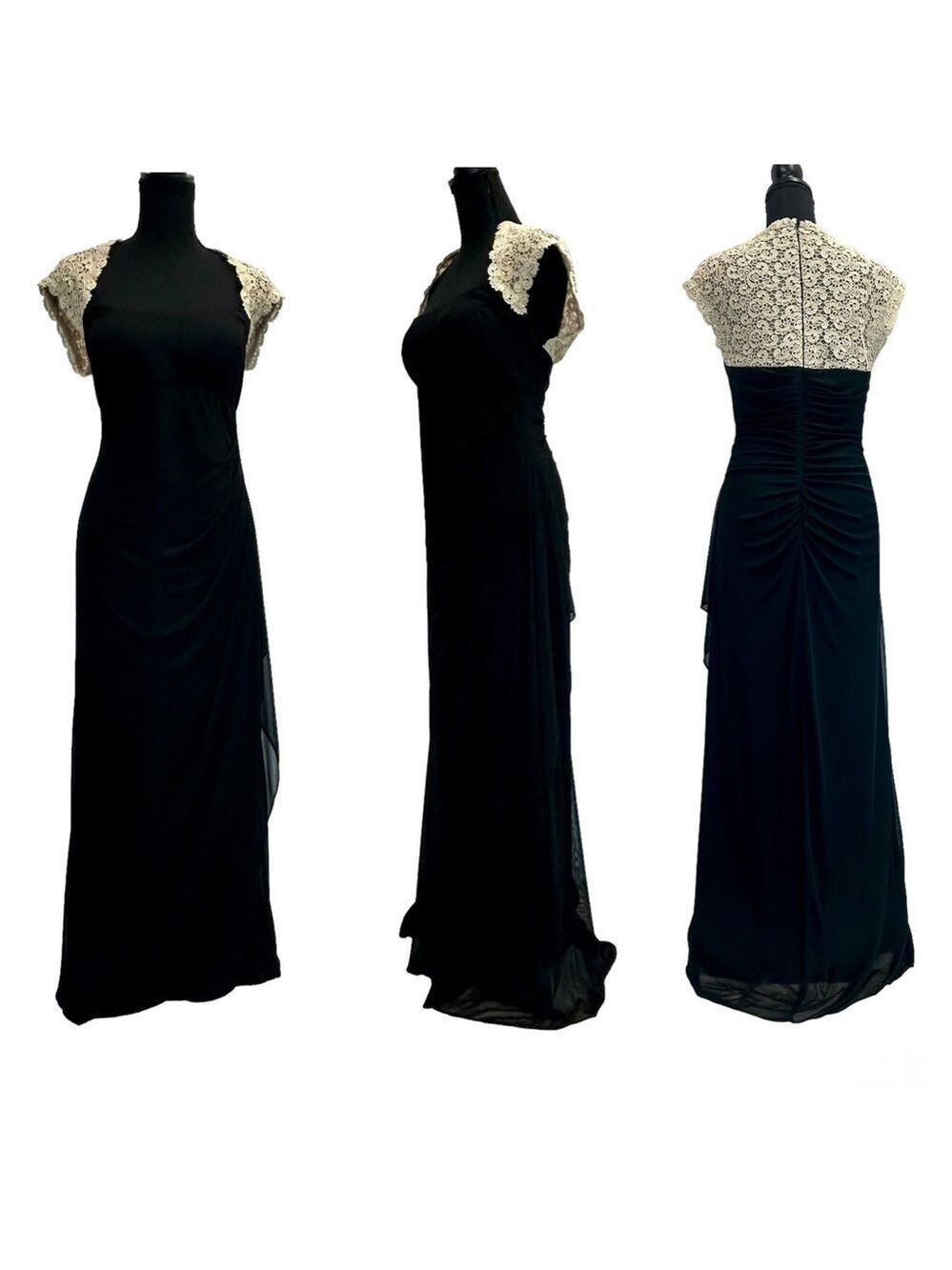 BA Nites black cream lace ruched formal evening gown Sz 14